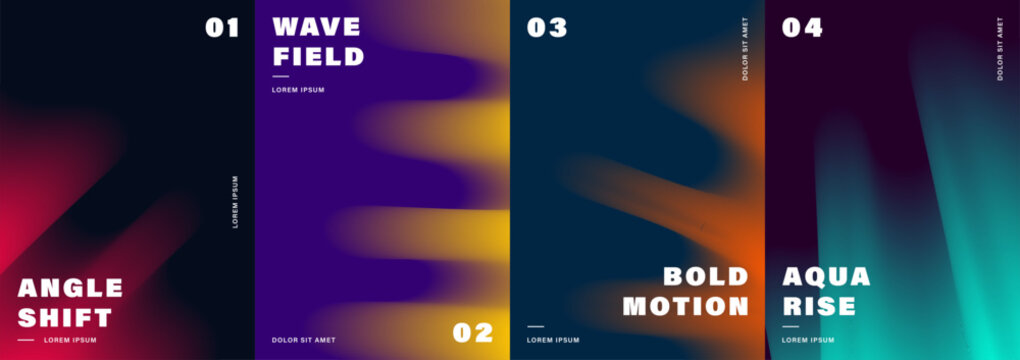 Abstract poster collection with dark gradient wave fluid motion shapes - Futuristic poster templates, vibrant neon colors, wavy lines, bold typography, and modern motion backgrounds