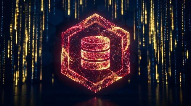 Abstract glowing database icon in a hexagonal frame with falling binary code