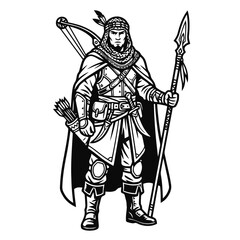 Obraz premium Striking monochrome illustration of a formidable fantasy warrior, armed with a bow, quiver, and spear, depicted in detailed line art, ready for an epic journey or ancient combat
