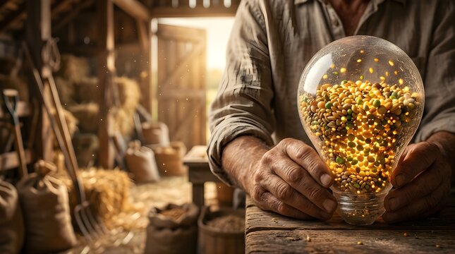 Farmer holding light bulb filled with seeds inside a rustic wooden barn