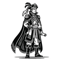 Obraz premium Elegant illustration of a man in historical military attire, holding a scroll, in black and white