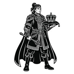 Obraz premium Black and White Vector Illustration of a Regal Medieval Prince Holding a Royal Crown and Ornate Scepter