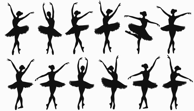 Set of elegant ballet dancer silhouettes in various graceful poses isolated on white background.eps