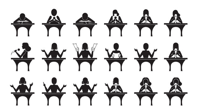 Set of silhouettes featuring women giving presentations, speeches, and lectures at a lectern.eps