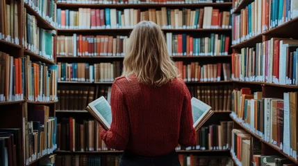 Back view of a person reading a book in a library surrounded by rows of books © subur