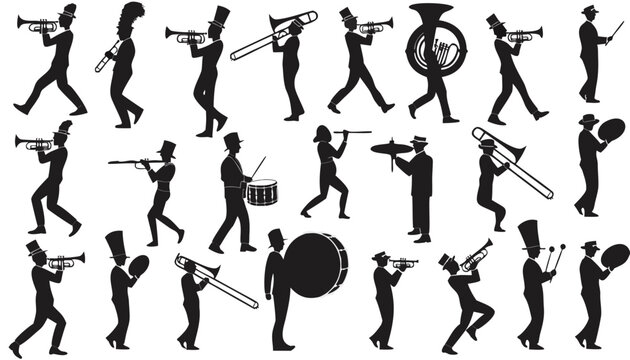 Marching Band Silhouettes Set Musician Silhouettes Playing Trumpet, Trombone, Tuba, and Drums Isolated on White Background.eps