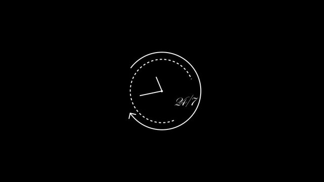 Clock icon rendered in a thin white circular line representing continuous availability and efficiency for business operations that require constant monitoring and support throughout the entire day.