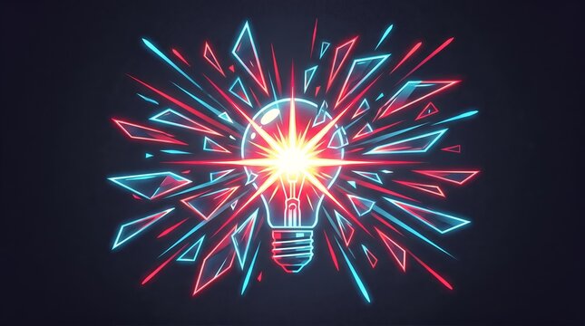 Abstract digital painting of an exploding neon light bulb with shattering glass