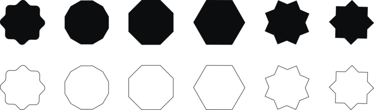 Set of geometric shapes, including polygons and star shapes, in solid black and outline styles