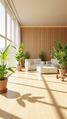 Fototapeta premium Modern Minimalist Interior With Green Plants and Sunlight