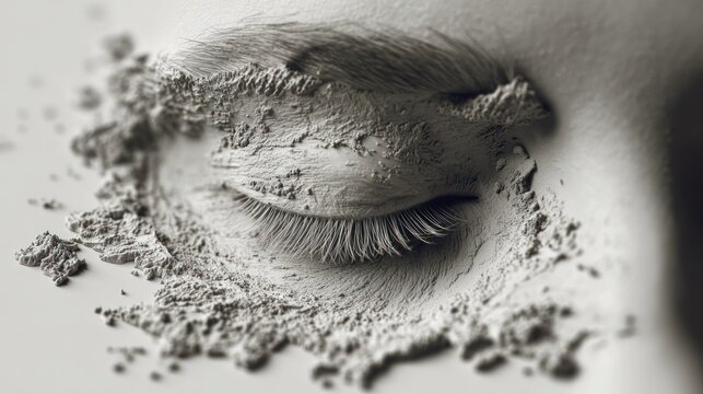 Closed eye covered in gray dust and textured powder.