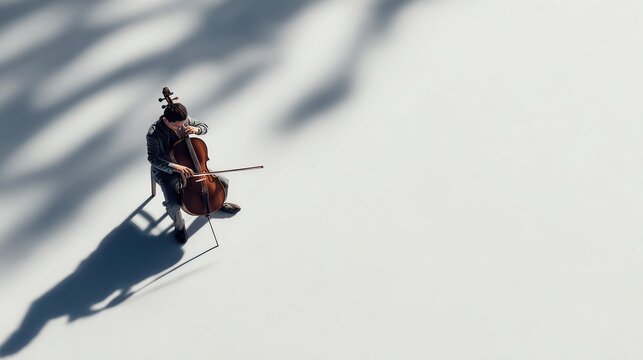 High angle view of a cellist playing on a white surface.