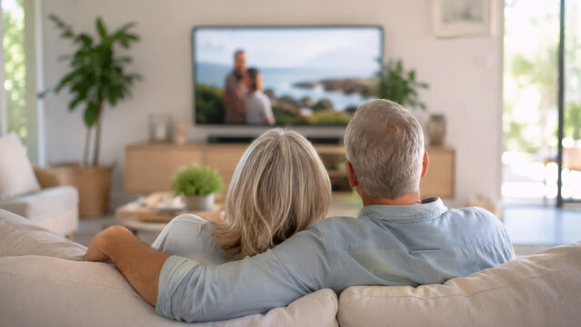 Mature couple watching TV in the day in modern home