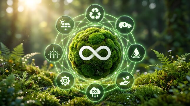 Circular Economy Concept with Green Moss Infinity Sphere and Renewable Energy Icons in Lush Forest