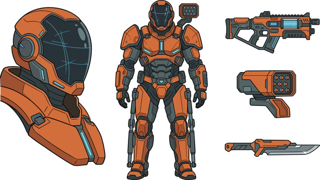 Futuristic Sci Fi Soldier Collection Featuring Armored Combat Suit, Tactical Helmet, Energy Weapon and Cyberpunk Military Equipment