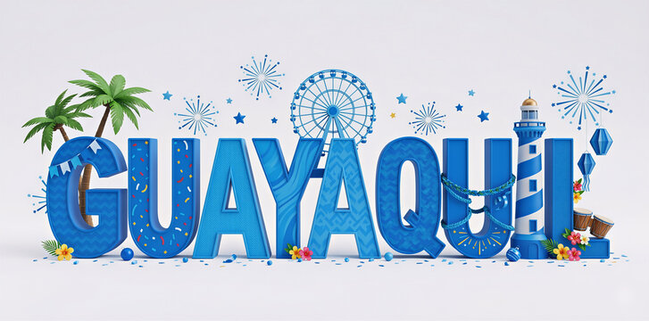 Texto de Guayaquil-Ecuador 3D color azul celeste con elementos festivos de Guayaquil por Fiestas Julianas