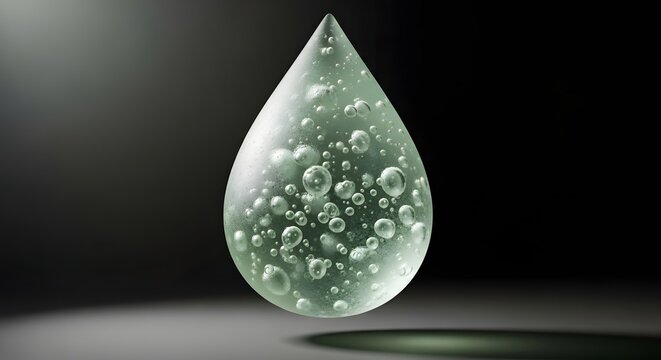 Water drop containing rising air bubbles glows against a dark background.