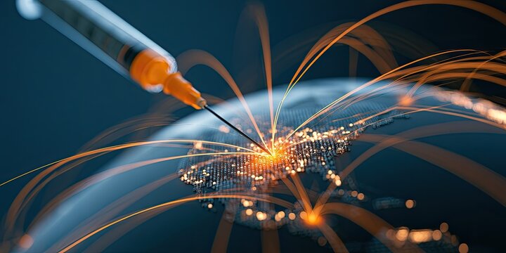 Syringe injecting light trails into glowing digital globe, global network