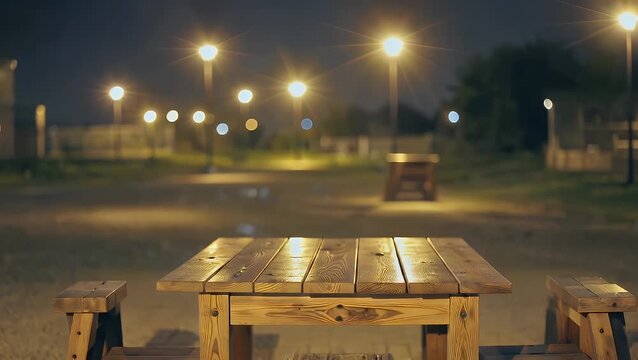 A vacant aged timber surface positioned before an indistinct backdrop of luminous urban illumination during the evening