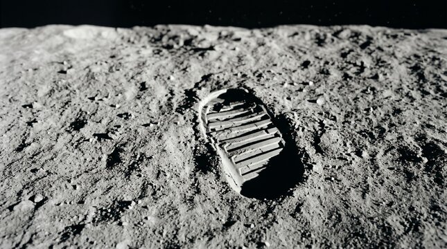 Close-up of astronaut boot footprint on the dusty lunar surface