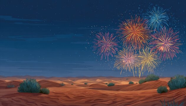 Desert landscape under a night sky ablaze with colorful fireworks