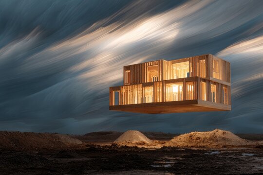 Abstract aerial house structure floats over surreal, cloudy sky and barren ground