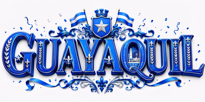 Guayaquil texto 3d de color azul her&aacute;ldico con detalles clasicos