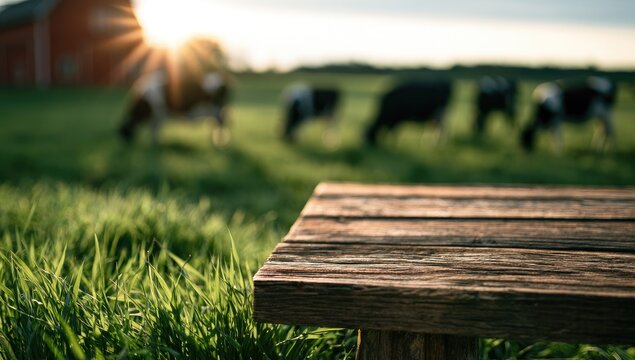 Rustic wooden table foreground overlooks cows grazing in sunlit pastoral field