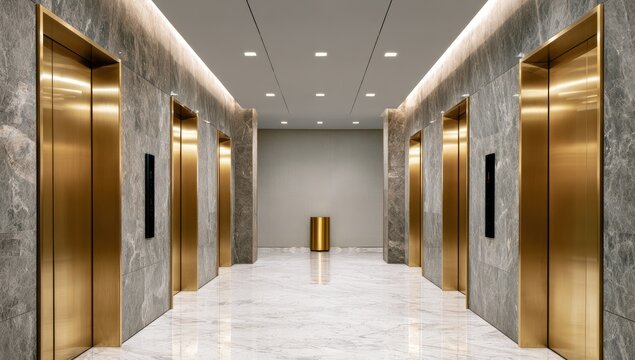 Gleaming gold elevators line a polished marble hall with modern recessed lighting
