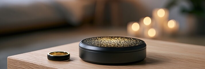 Obraz premium A black ring and a matching charger sit on a wooden table, illuminated by candles