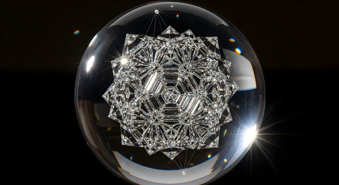 Geometric structure of complex glass facets rests inside a transparent sphere reflecting light against a dark backdrop.