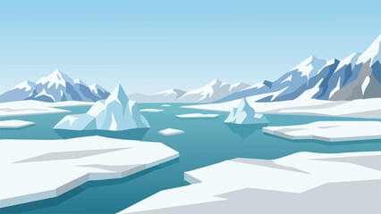 Arctic landscape with icebergs and mountains, vector illustration. © MD