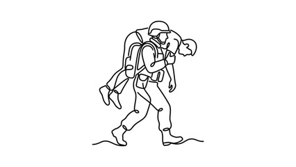 Obraz premium Soldier carrying an injured comrade on his back. Continuous line drawing. Continuous line art style. Hand drawn. One line. Vector design. illustration