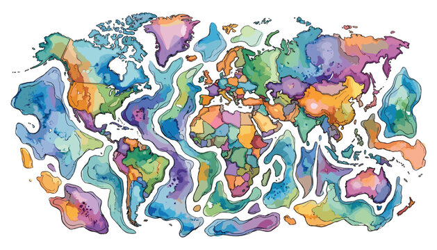 Abstract world map with distorted continents in watercolor vector illustration art graphic design.