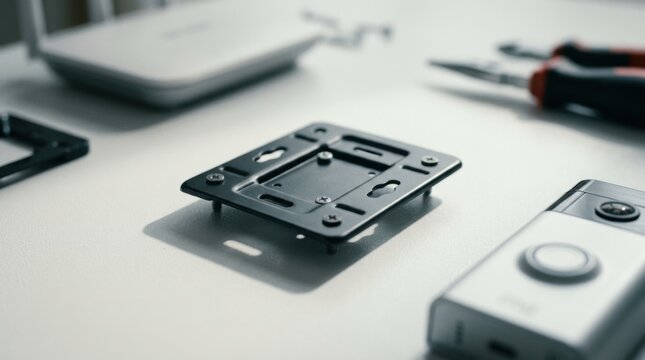 Focused image of a mounting plate with precise shadows cast on a clean white surface while the surrounding video doorbell WiFi router and tools fade into a minimalist blur