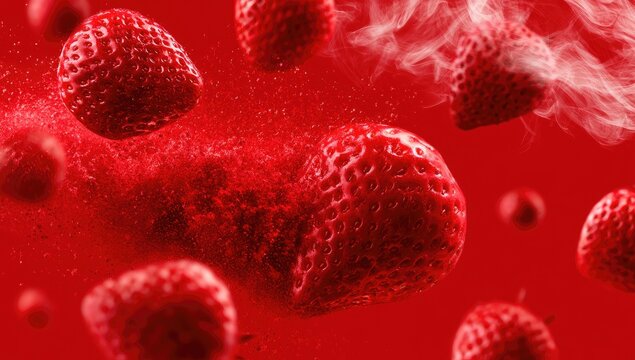 Ripe red strawberries burst with vibrant red powder and white smoke