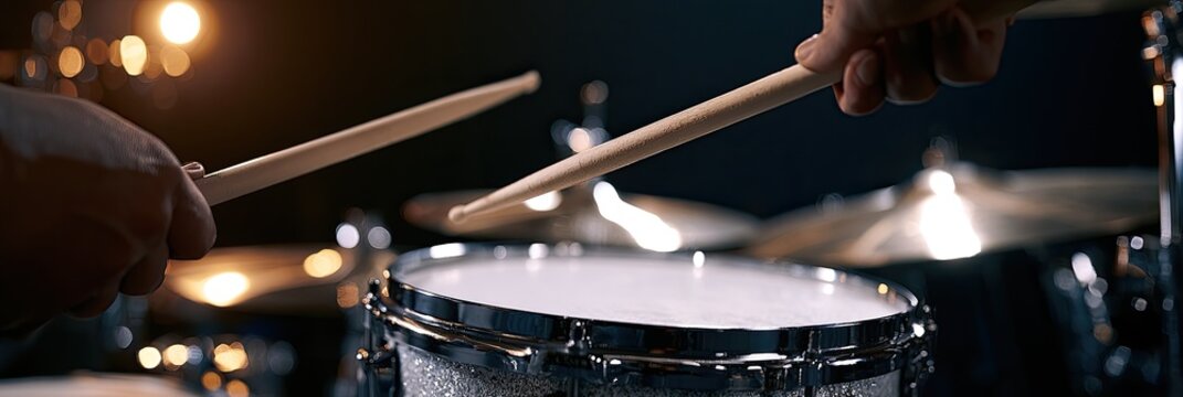 Drummer striking a snare drum with sticks, illuminated by warm bokeh lights