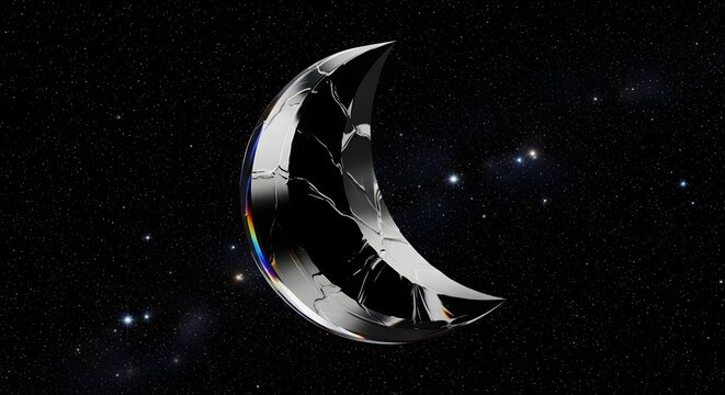Crescent moon sculpture made of cracked metallic glass glows against a starry night sky.