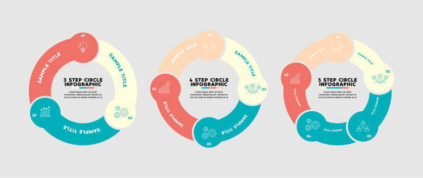 Vector circle infographic set, with 3, 4, and 5 step process options for visual presentation templates. Vector EPS