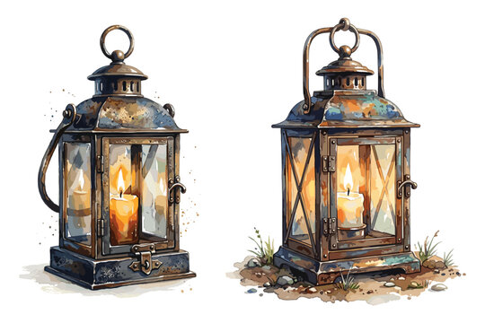 Two rustic metal lanterns with glowing candles, one on a path and one flat vector illustration.