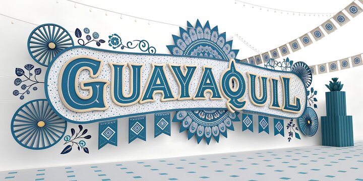 Texto de Guayaquil,Ecuador 3D con elementos festivos por Fiestas Julianas
