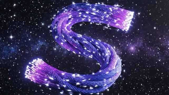 Glowing fiber optic cable forming an S shape in deep space
