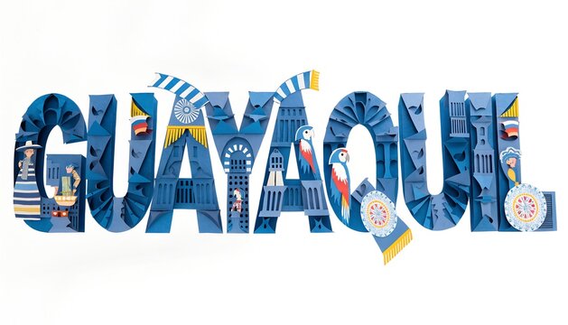 Texto de Guayaquil, Ecuador hechos de trazos de papel azul con collage por Fiestas Julianas
