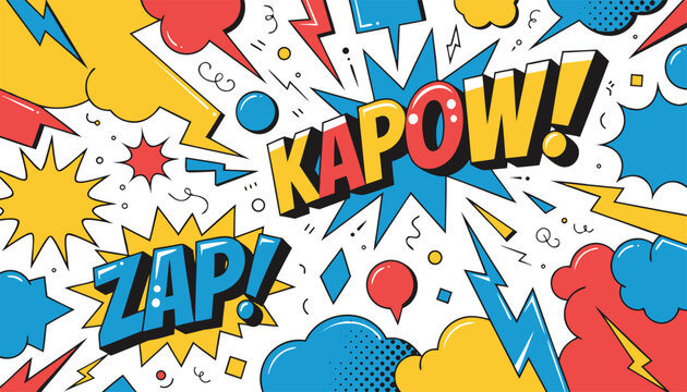 Colorful Pop Art Comic Background with Kapow and Zap Speech Bubbles.eps