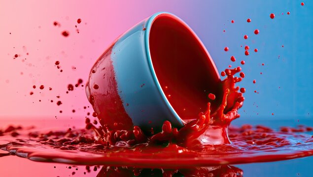 Ceramic bowl spills vibrant red liquid in dramatic splash, studio lighting
