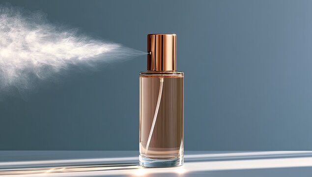 Elegant glass bottle with metallic cap sprays fine mist against muted background