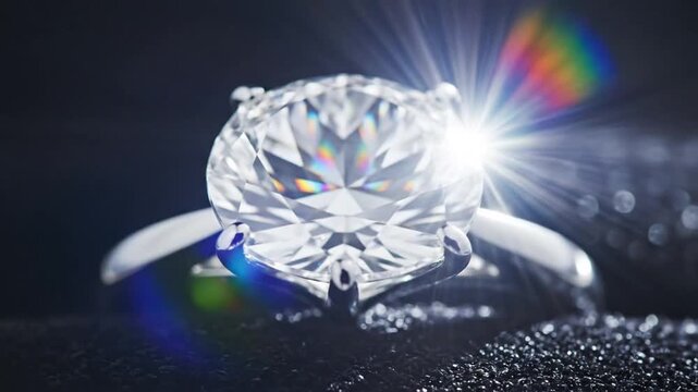 A brilliant round cut diamond solitaire engagement ring sparkling on a dark, textured background