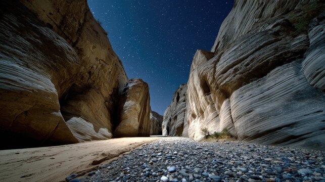 Narrow, towering canyon walls under a starry night sky at dusk