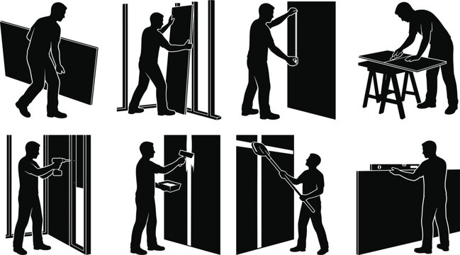 Drywall Finishing Worker Silhouette Set with Panel Installation Measuring Painting and Wall Assembly