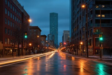 Obraz premium City street at dusk with glowing lights and blurred car trails